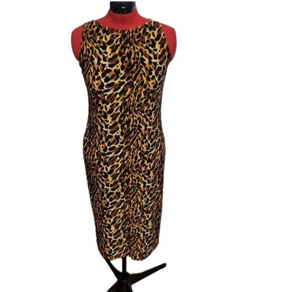 Norma Kamali boat neck sleeveless fitted cheetah print midi dress, size large - Picture 1 of 5